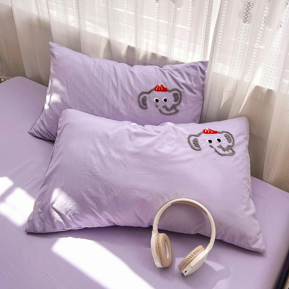 91家纺网 家纺一手货源 找家纺 凯洛奇 2025新款软糯水洗棉毛巾绣卡通四件套-奶油小象 奶油小象-紫