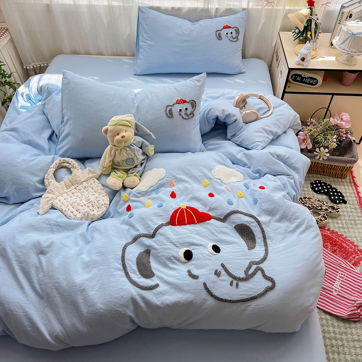 91家纺网 家纺一手货源 找家纺 凯洛奇 2025新款软糯水洗棉毛巾绣卡通四件套-奶油小象 奶油小象-蓝