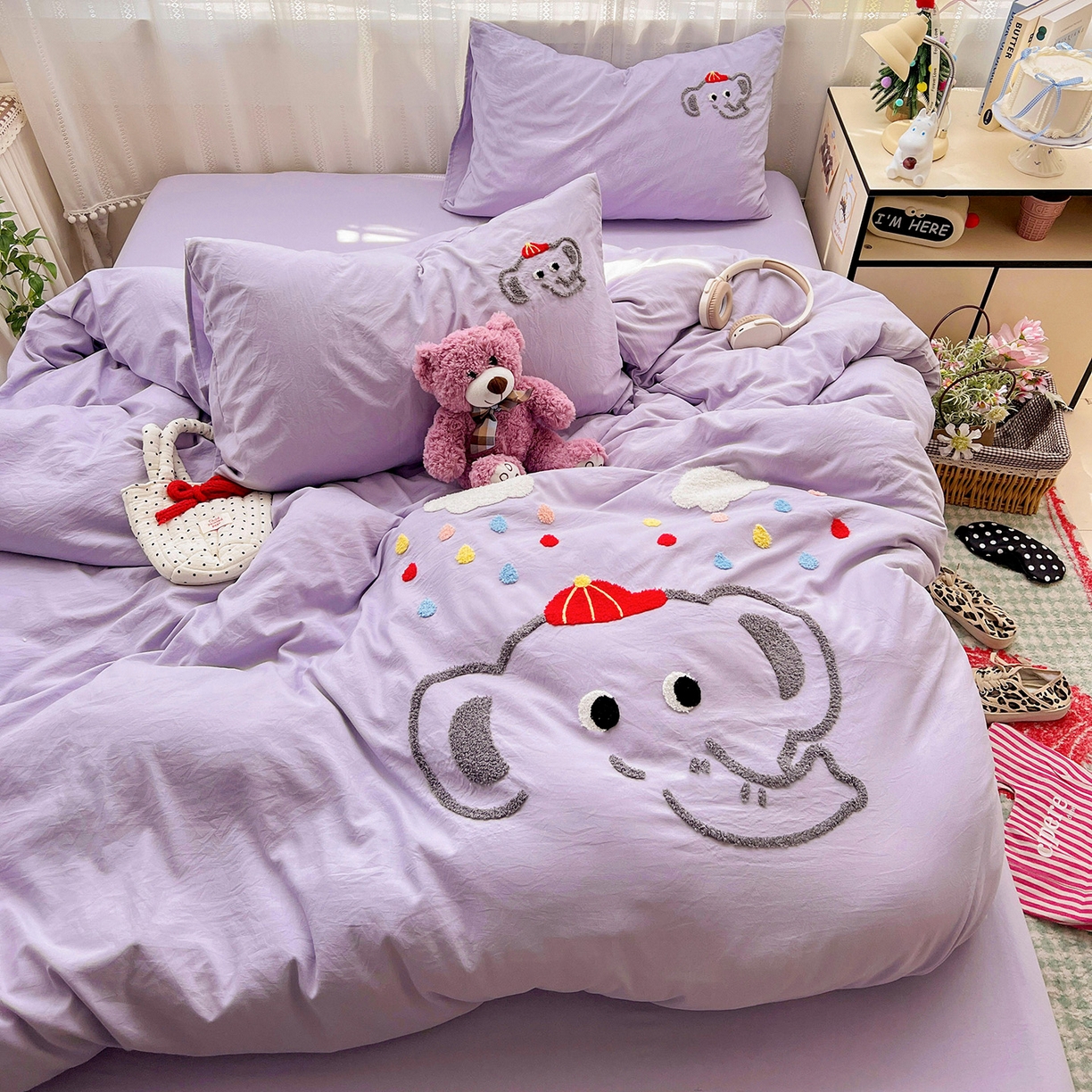 91家纺网 家纺一手货源 找家纺 凯洛奇 2025新款软糯水洗棉毛巾绣卡通四件套-奶油小象 奶油小象-紫