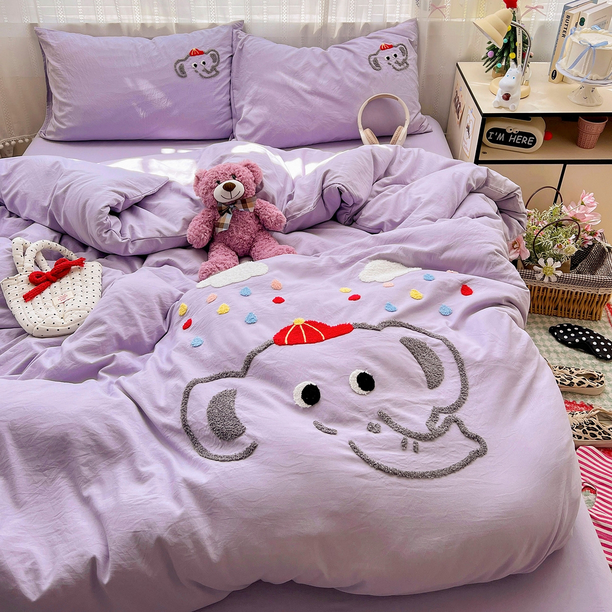 91家纺网 家纺一手货源 找家纺 凯洛奇 2025新款软糯水洗棉毛巾绣卡通四件套-奶油小象 奶油小象-紫