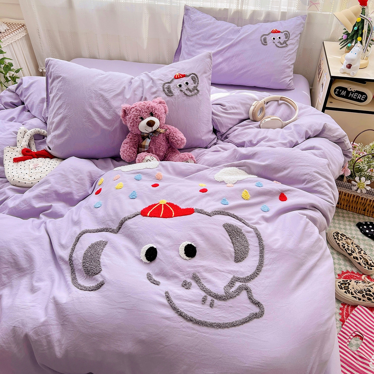 91家纺网 家纺一手货源 找家纺 凯洛奇 2025新款软糯水洗棉毛巾绣卡通四件套-奶油小象 奶油小象-紫