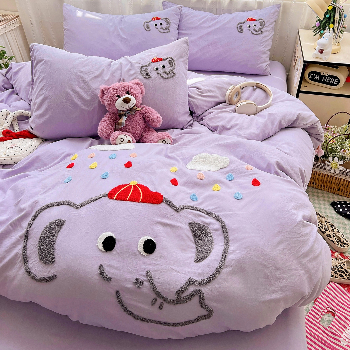 91家纺网 家纺一手货源 找家纺 凯洛奇 2025新款软糯水洗棉毛巾绣卡通四件套-奶油小象 奶油小象-紫