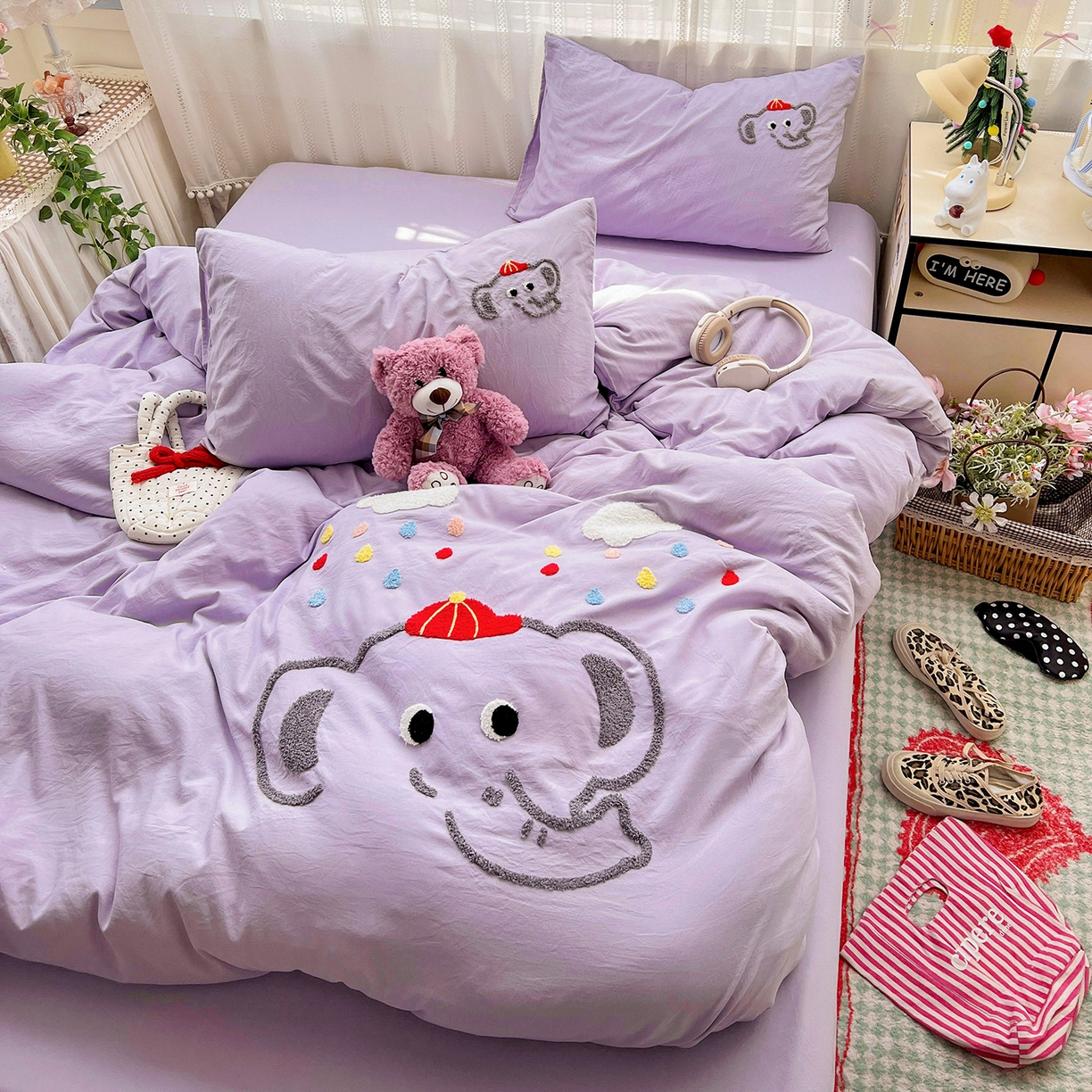 91家纺网 家纺一手货源 找家纺 凯洛奇 2025新款软糯水洗棉毛巾绣卡通四件套-奶油小象 奶油小象-紫