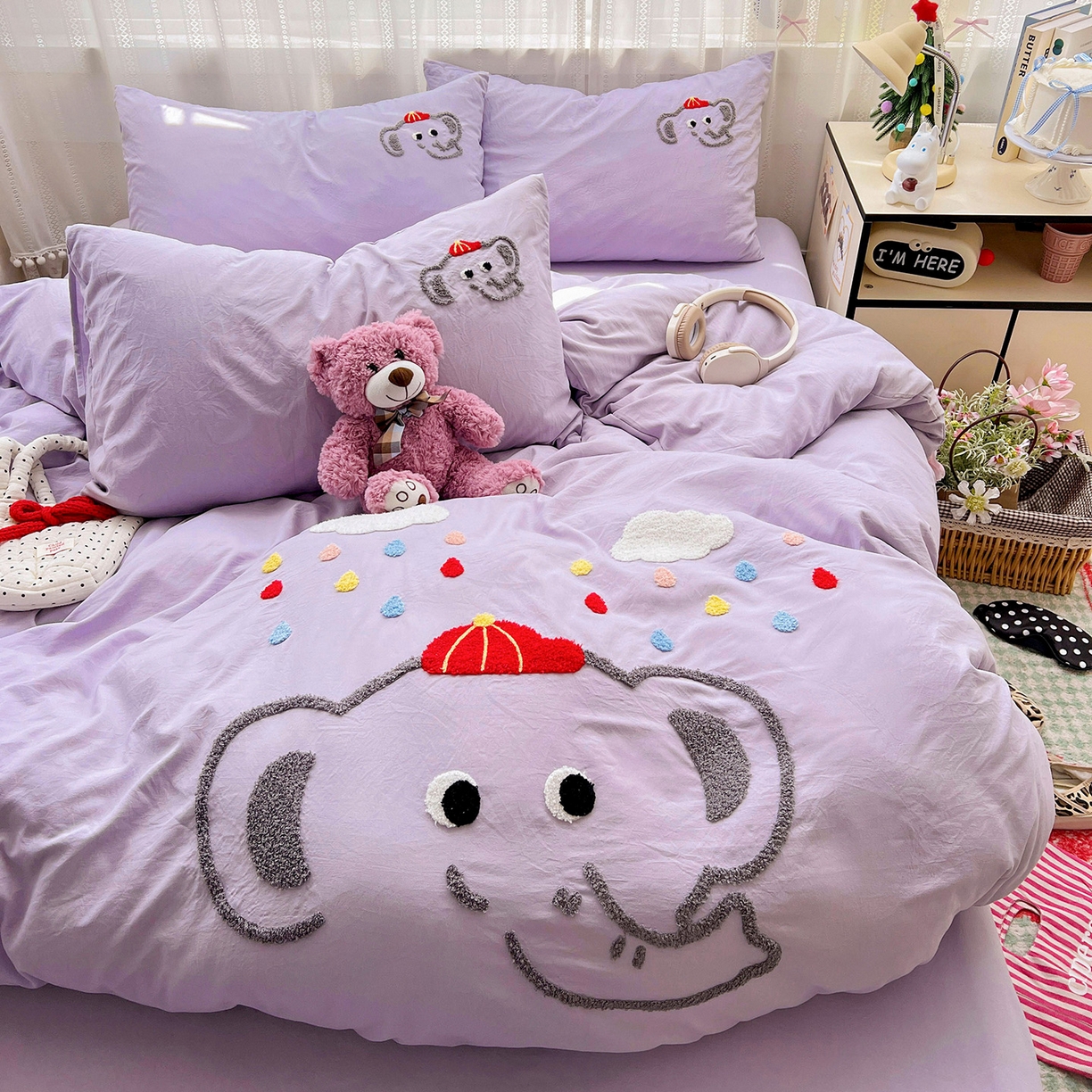 91家纺网 家纺一手货源 找家纺 凯洛奇 2025新款软糯水洗棉毛巾绣卡通四件套-奶油小象 奶油小象-紫