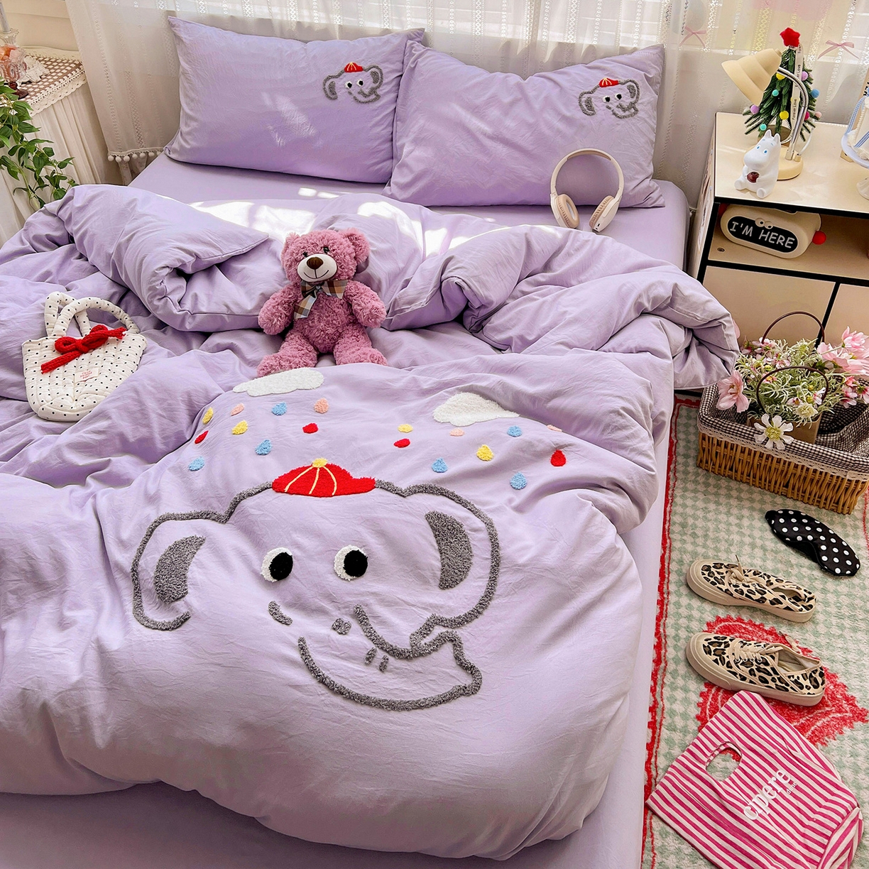 91家纺网 家纺一手货源 找家纺 凯洛奇 2025新款软糯水洗棉毛巾绣卡通四件套-奶油小象 奶油小象-紫