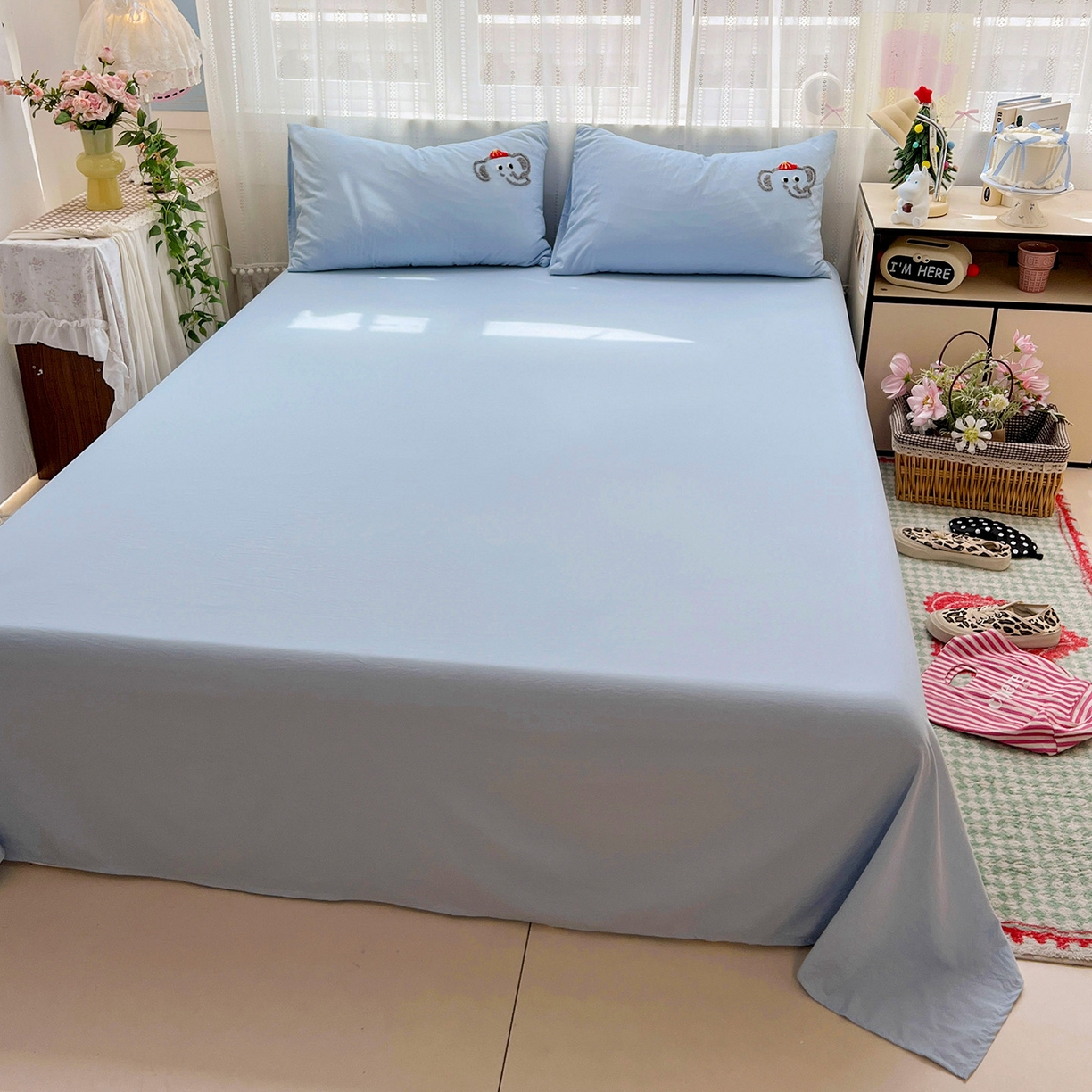 91家纺网 家纺一手货源 找家纺 凯洛奇 2025新款软糯水洗棉毛巾绣卡通四件套-奶油小象 奶油小象-蓝