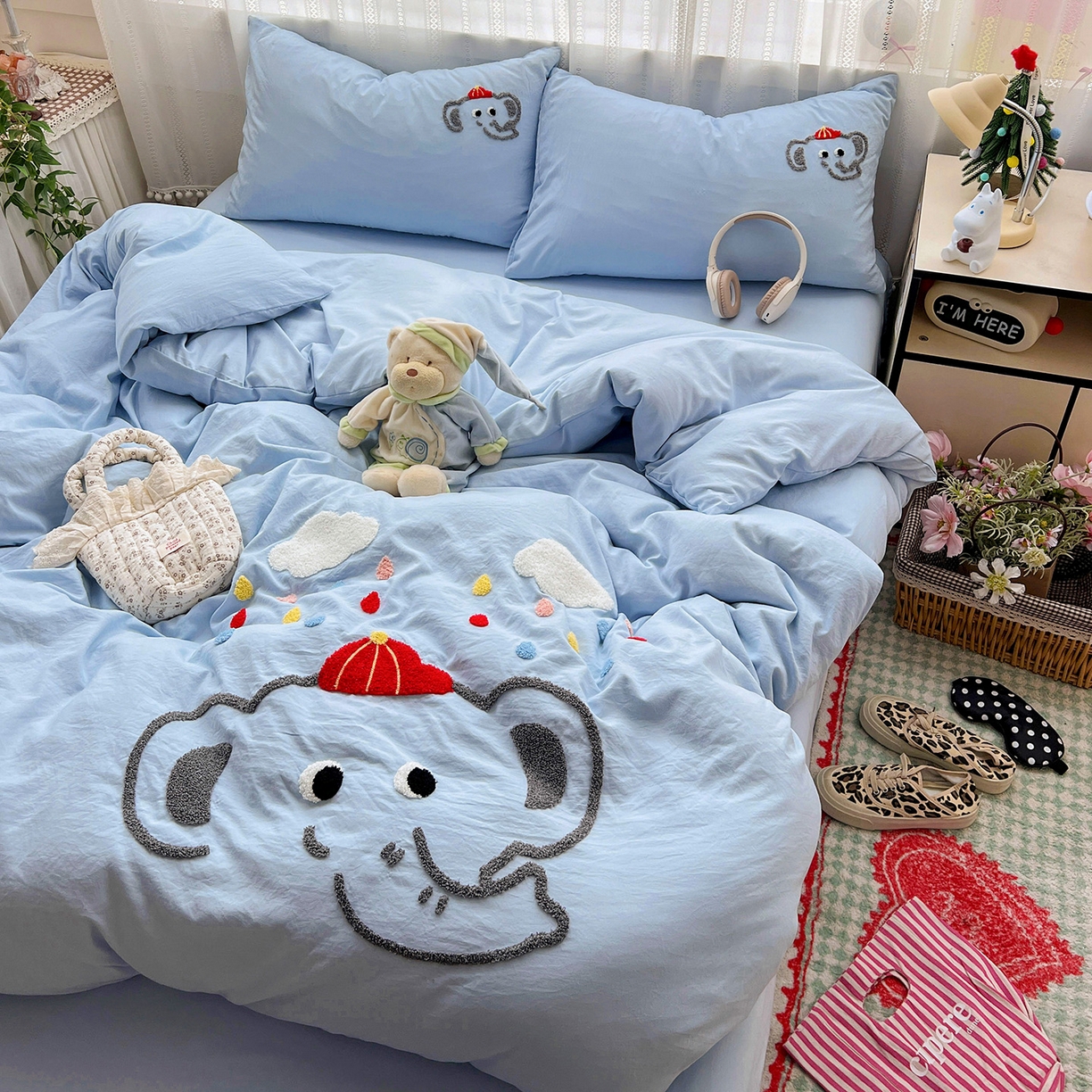 91家纺网 家纺一手货源 找家纺 凯洛奇 2025新款软糯水洗棉毛巾绣卡通四件套-奶油小象 奶油小象-蓝