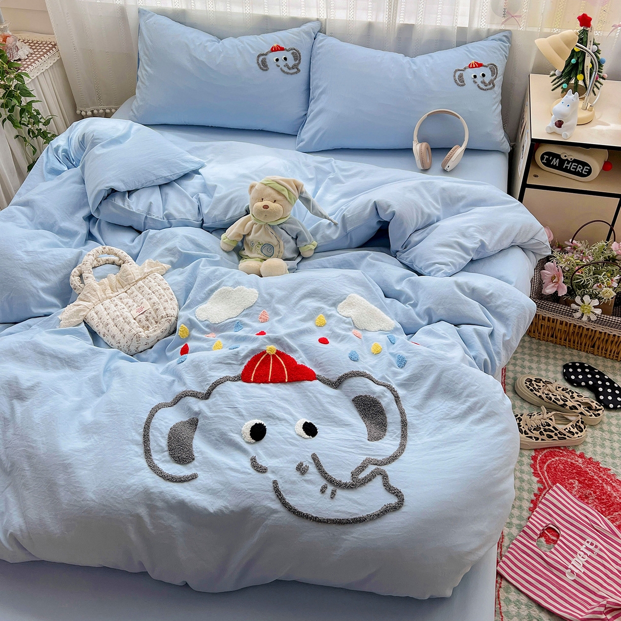 91家纺网 家纺一手货源 找家纺 凯洛奇 2025新款软糯水洗棉毛巾绣卡通四件套-奶油小象 奶油小象-蓝