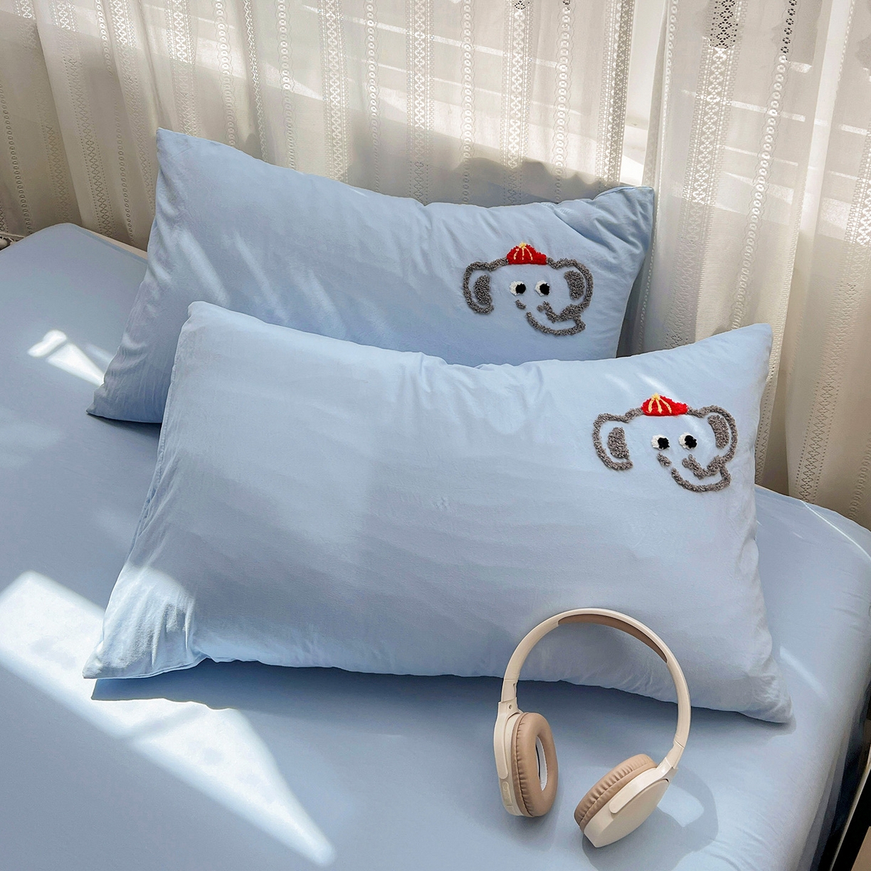 91家纺网 家纺一手货源 找家纺 凯洛奇 2025新款软糯水洗棉毛巾绣卡通四件套-奶油小象 奶油小象-蓝