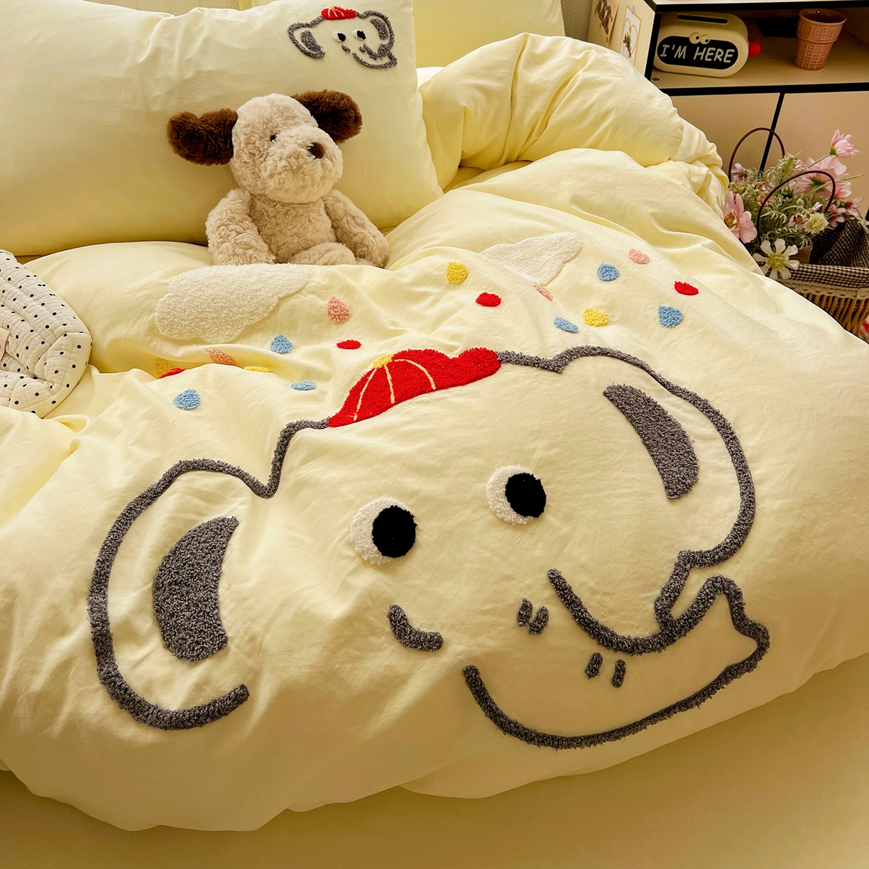 91家纺网 家纺一手货源 找家纺 （总）凯洛奇 2025新款软糯水洗棉毛巾绣卡通四件套-奶油小象