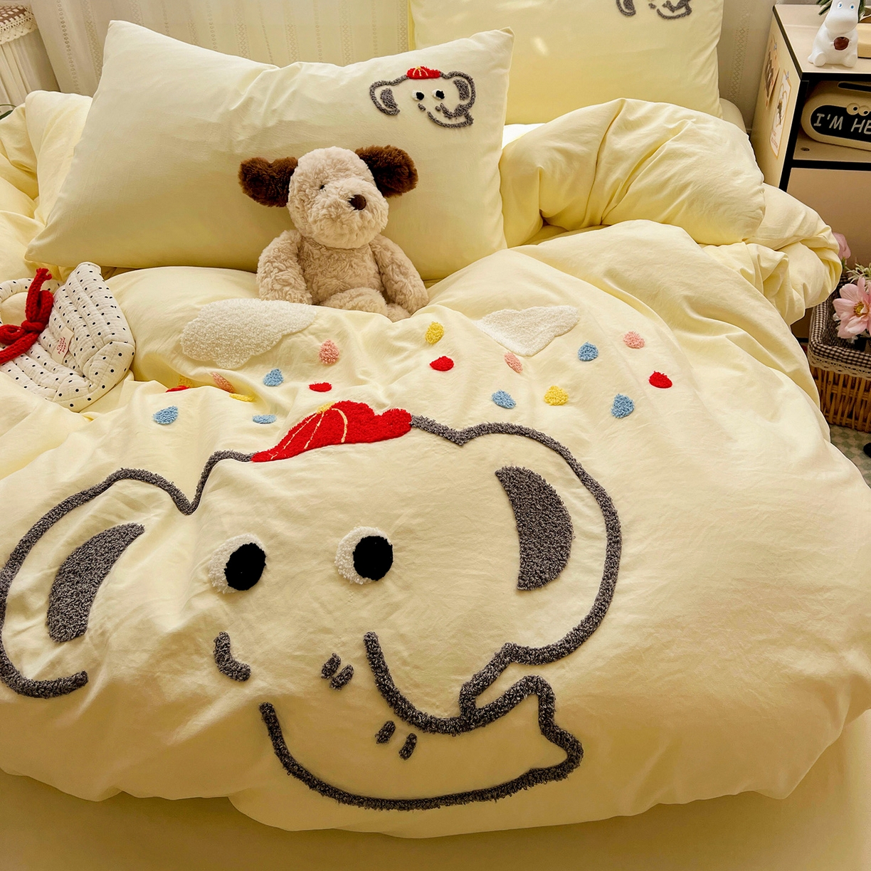 91家纺网 家纺一手货源 找家纺 凯洛奇 2025新款软糯水洗棉毛巾绣卡通四件套-奶油小象 奶油小象-黄