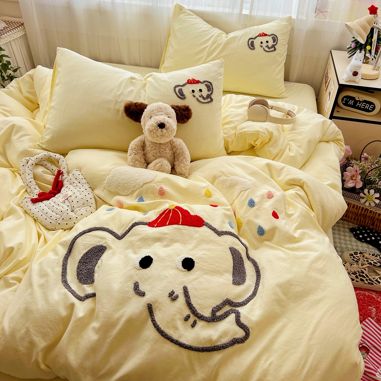 91家纺网 家纺一手货源 找家纺 凯洛奇 2025新款软糯水洗棉毛巾绣卡通四件套-奶油小象 奶油小象-黄