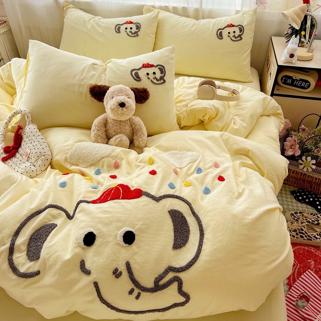 91家纺网 家纺一手货源 找家纺 凯洛奇 2025新款软糯水洗棉毛巾绣卡通四件套-奶油小象 奶油小象-黄