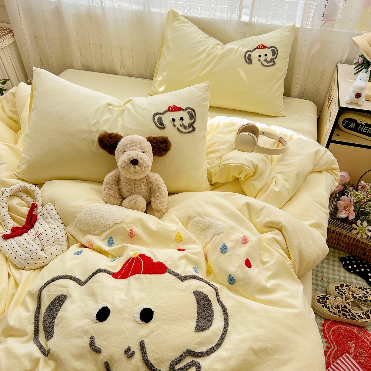 91家纺网 家纺一手货源 找家纺 凯洛奇 2025新款软糯水洗棉毛巾绣卡通四件套-奶油小象 奶油小象-黄