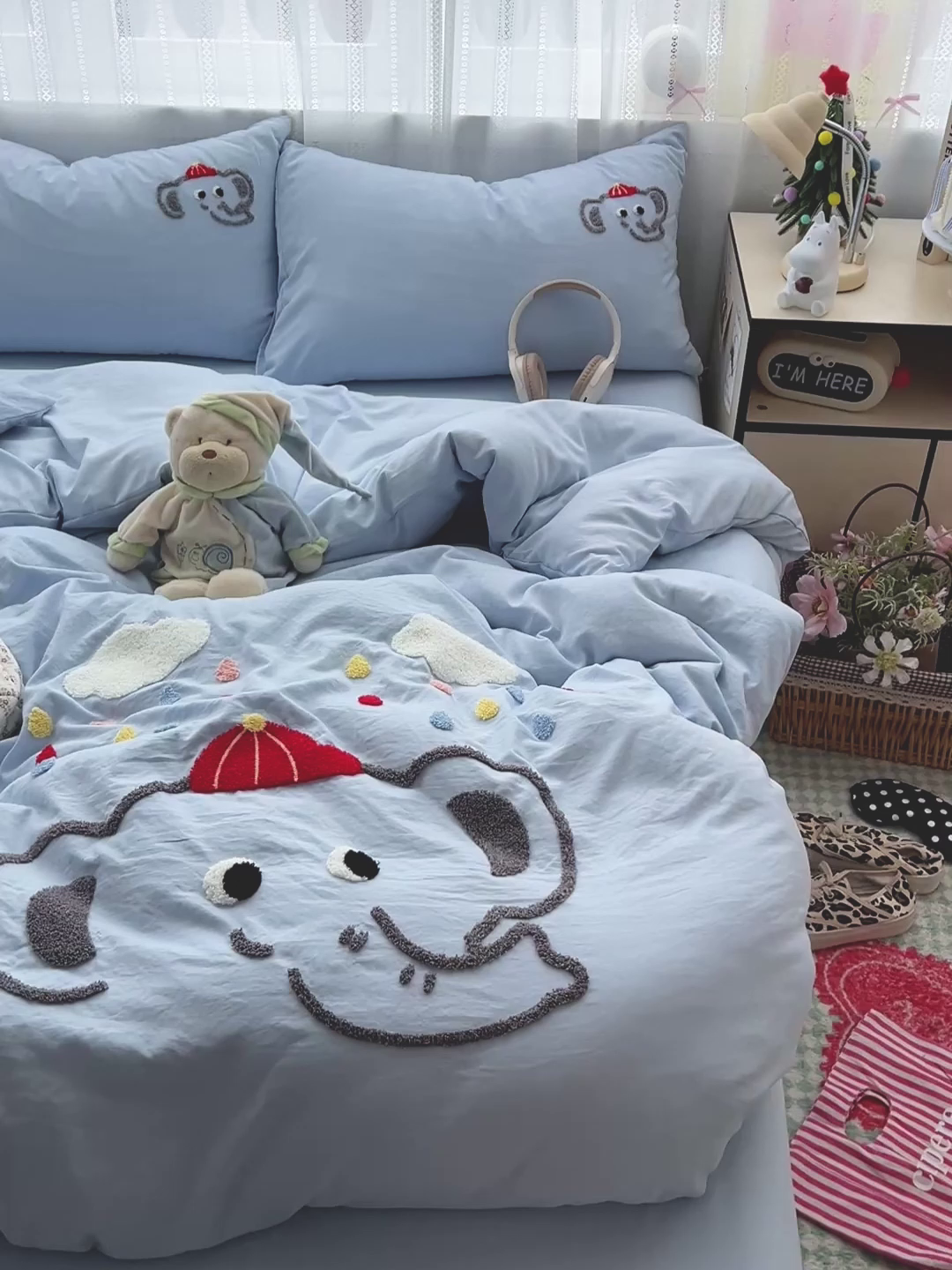 91家纺网 家纺一手货源 找家纺 凯洛奇 2025新款软糯水洗棉毛巾绣卡通四件套-奶油小象 奶油小象-蓝