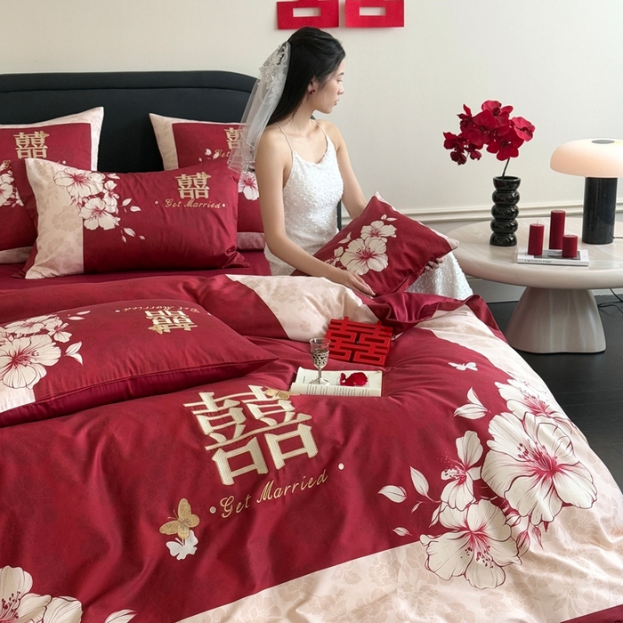 91家纺网 家纺一手货源 找家纺 （总）江涞 2025新款100长绒棉纯棉数码印花刺绣四件套-相思意