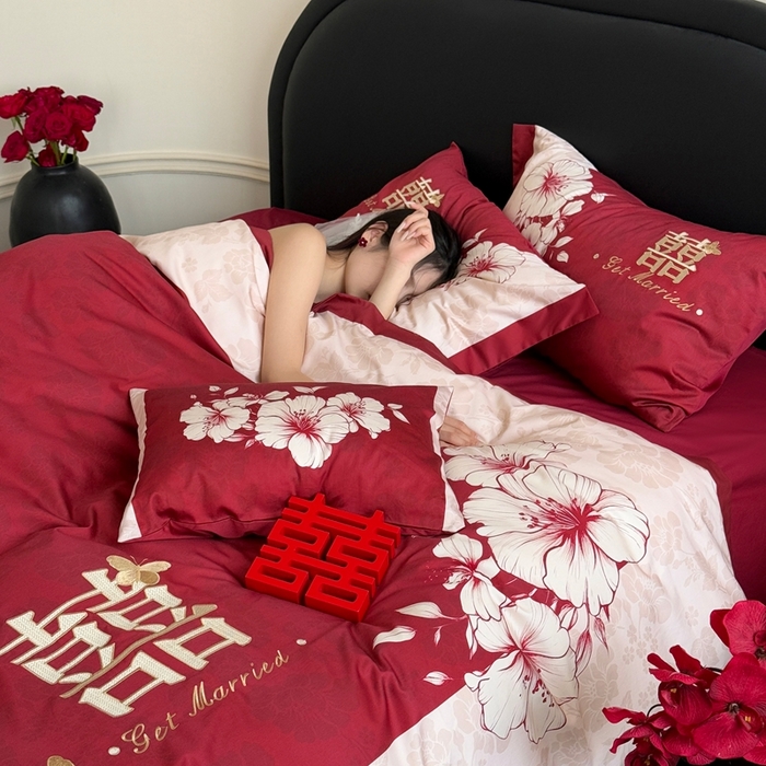 91家纺网 家纺一手货源 找家纺 （总）江涞 2025新款100长绒棉纯棉数码印花刺绣四件套-相思意