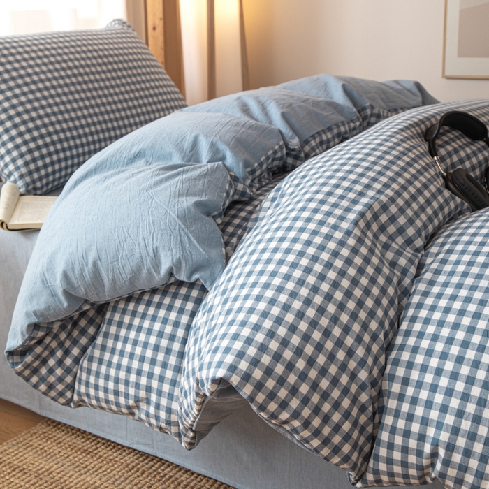 91家纺网 家纺一手货源 找家纺 九沐良品 2025新款亲肤舒适学生宿舍上下铺三件套六件套大礼包宿舍三件套上下铺三件套 浅蓝小格