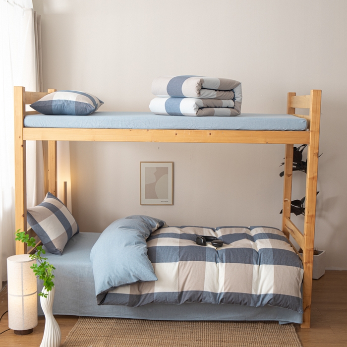 91家纺网 家纺一手货源 找家纺 九沐良品 2025新款亲肤舒适学生宿舍上下铺三件套六件套大礼包宿舍三件套上下铺三件套 蓝大格