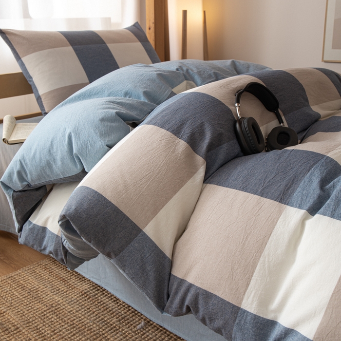 91家纺网 家纺一手货源 找家纺 九沐良品 2025新款亲肤舒适学生宿舍上下铺三件套六件套大礼包宿舍三件套上下铺三件套 蓝大格