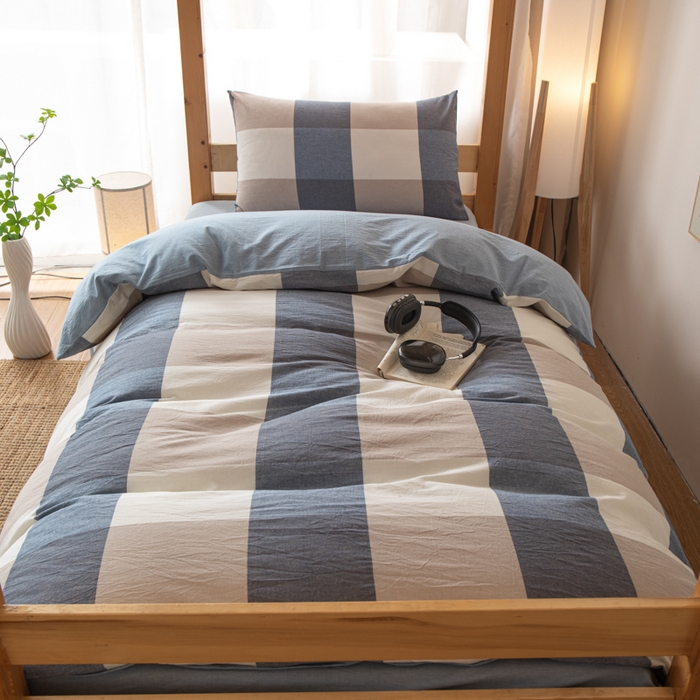 91家纺网 家纺一手货源 找家纺 九沐良品 2025新款亲肤舒适学生宿舍上下铺三件套六件套大礼包宿舍三件套上下铺三件套 蓝大格