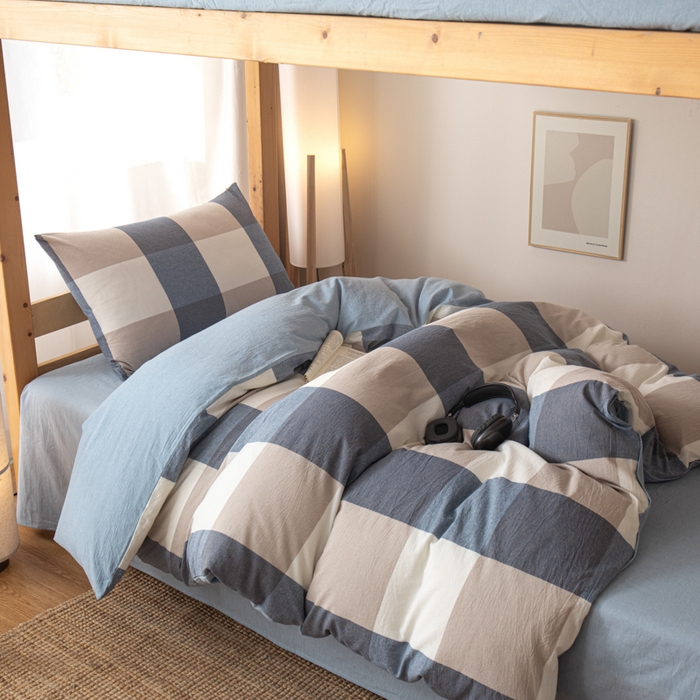 91家纺网 家纺一手货源 找家纺 九沐良品 2025新款亲肤舒适学生宿舍上下铺三件套六件套大礼包宿舍三件套上下铺三件套 蓝大格