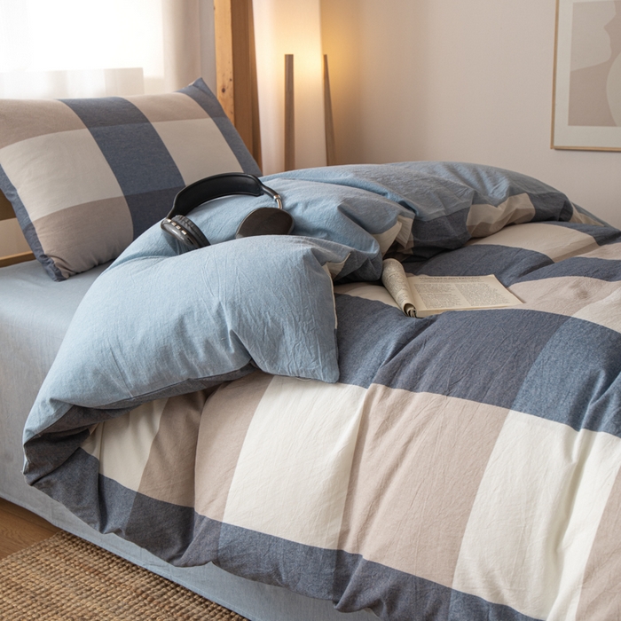 91家纺网 家纺一手货源 找家纺 九沐良品 2025新款亲肤舒适学生宿舍上下铺三件套六件套大礼包宿舍三件套上下铺三件套 蓝大格