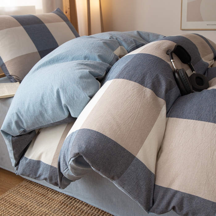 91家纺网 家纺一手货源 找家纺 九沐良品 2025新款亲肤舒适学生宿舍上下铺三件套六件套大礼包宿舍三件套上下铺三件套 蓝大格