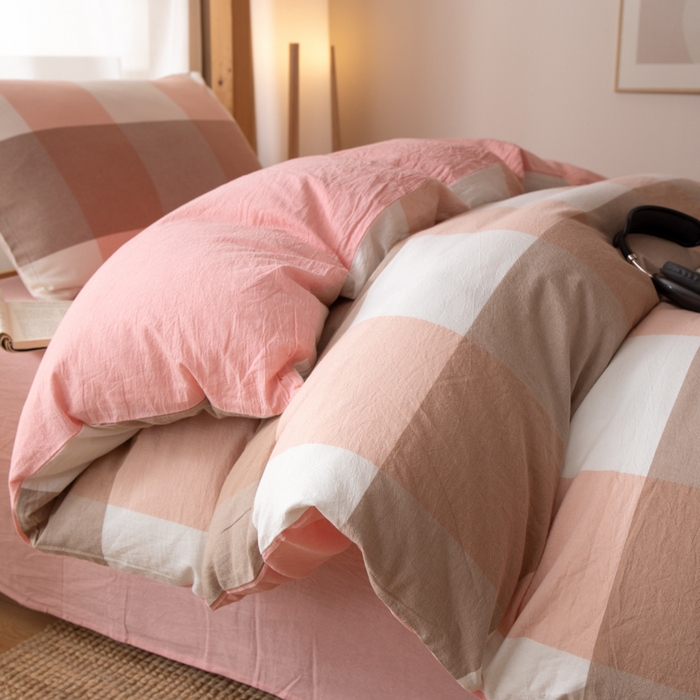 91家纺网 家纺一手货源 找家纺 九沐良品 2025新款亲肤舒适学生宿舍上下铺三件套六件套大礼包宿舍三件套上下铺三件套 粉大格