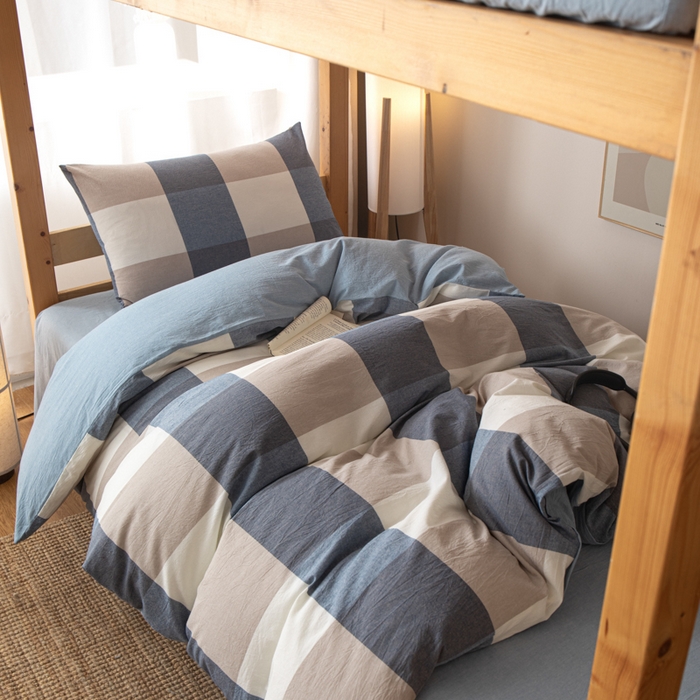 91家纺网 家纺一手货源 找家纺 九沐良品 2025新款亲肤舒适学生宿舍上下铺三件套六件套大礼包宿舍三件套上下铺三件套 蓝大格