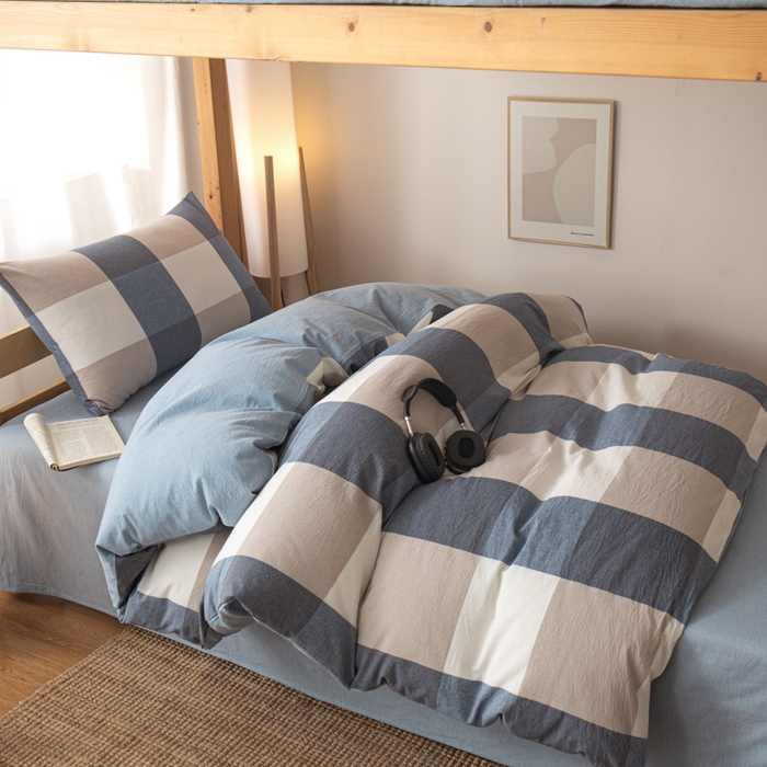 91家纺网 家纺一手货源 找家纺 九沐良品 2025新款亲肤舒适学生宿舍上下铺三件套六件套大礼包宿舍三件套上下铺三件套 蓝大格