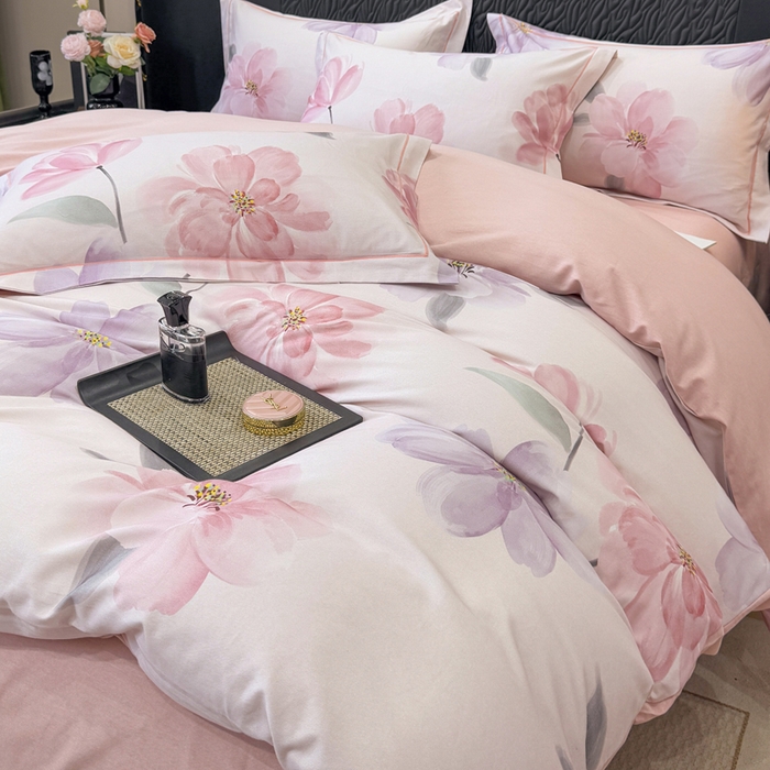 91家纺网 家纺一手货源 找家纺 凌鼎 2025新款100%全棉生态磨毛四件套系列1茶言妙语粉