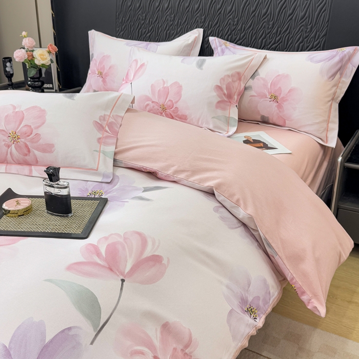 91家纺网 家纺一手货源 找家纺 凌鼎 2025新款100%全棉生态磨毛四件套系列1茶言妙语粉