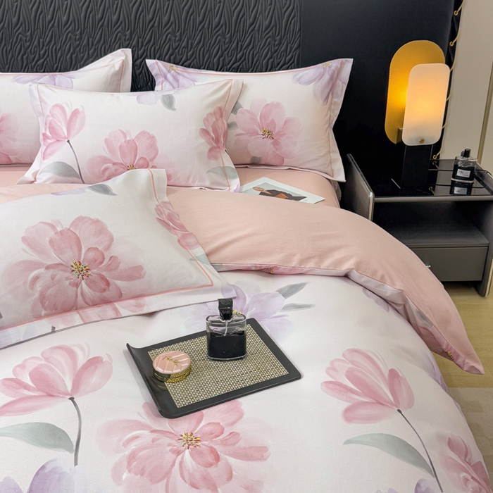 91家纺网 家纺一手货源 找家纺 凌鼎 2025新款100%全棉生态磨毛四件套系列1茶言妙语粉