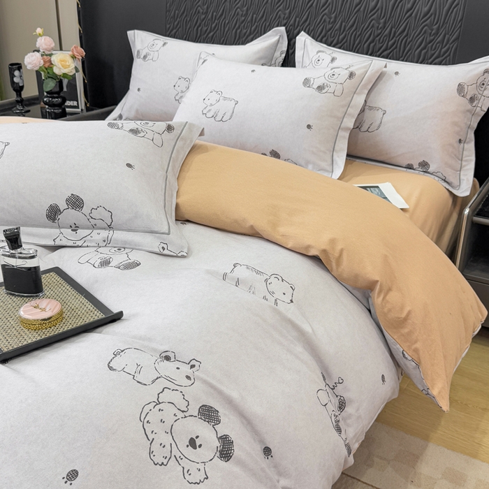 91家纺网 家纺一手货源 找家纺 凌鼎 2025新款100%全棉生态磨毛四件套系列1吉唛浅灰