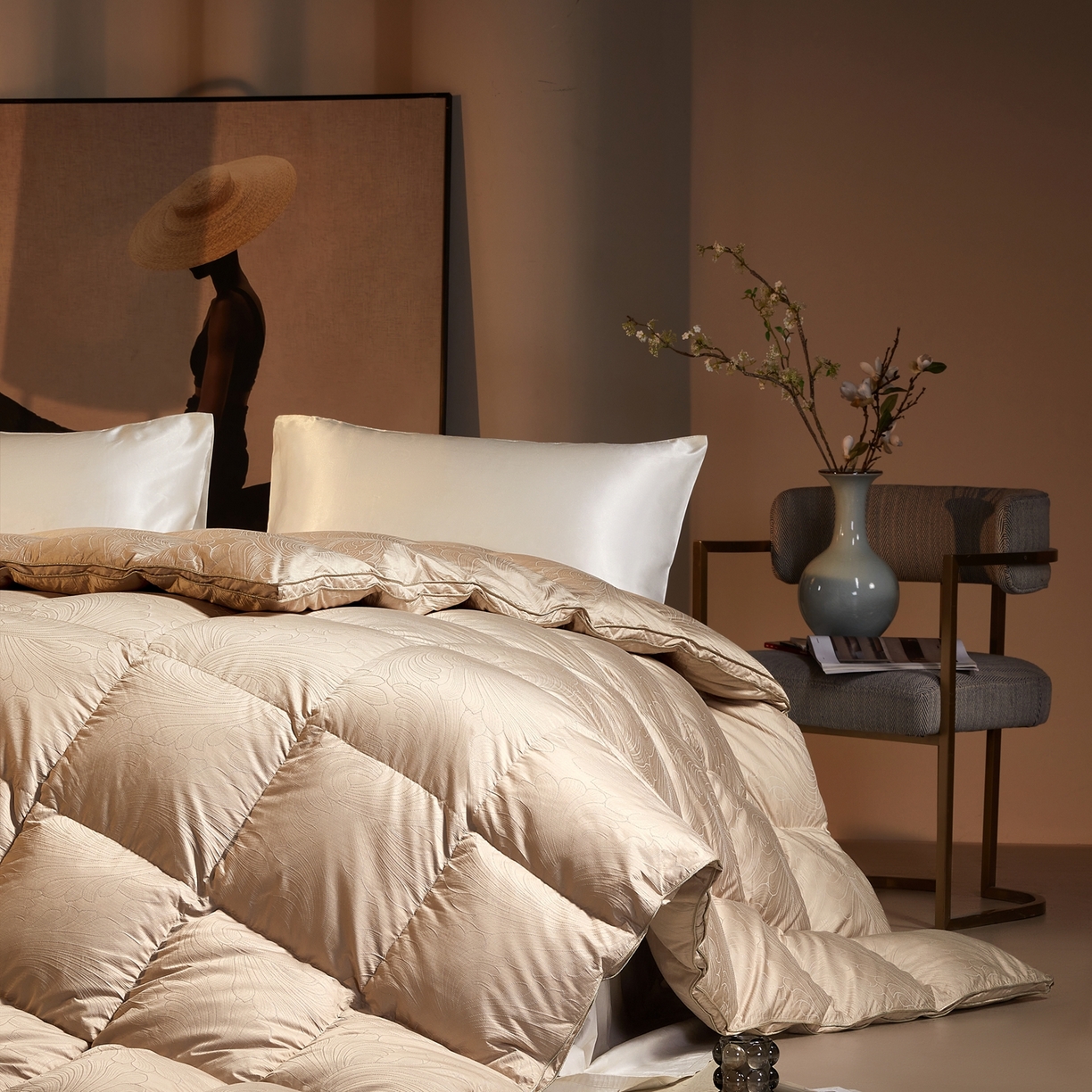 91家纺网 家纺一手货源 找家纺 织梦人羽绒工厂店 2025新款高蓬松羽绒被85鸭绒大牌同款花型-高精密提花系列 高精密提花-蒙娜丽莎金