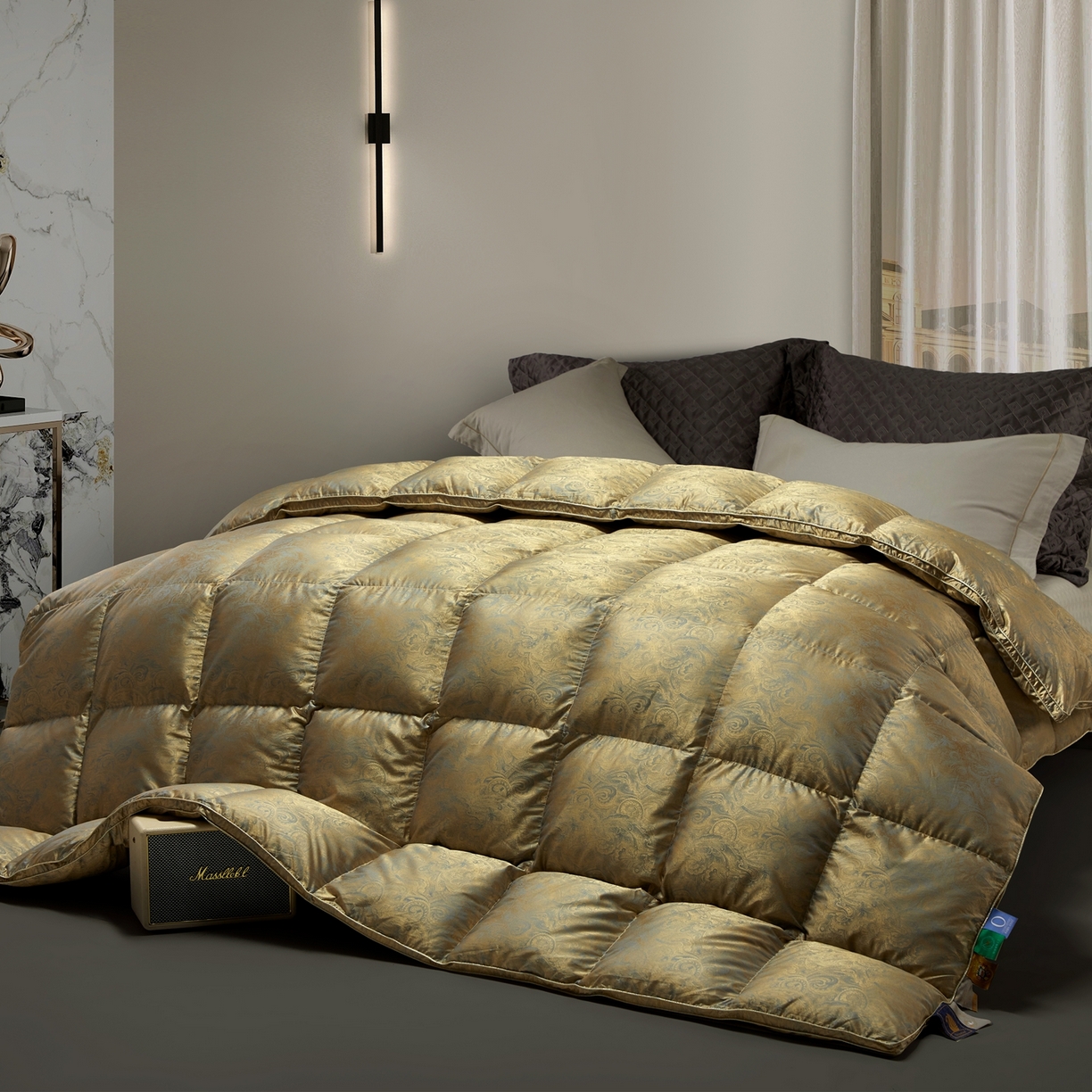 91家纺网 家纺一手货源 找家纺 织梦人羽绒工厂店 2025新款高蓬松羽绒被85鸭绒大牌同款花型-高精密提花系列 高精密提花-水云古铜