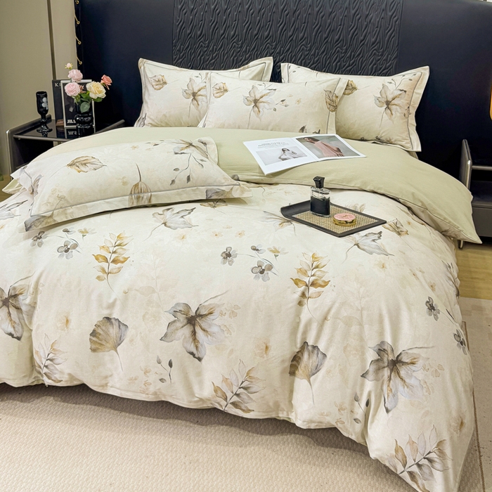 91家纺网 家纺一手货源 找家纺 凌鼎 2025新款100%全棉生态磨毛四件套系列1杉叶咖