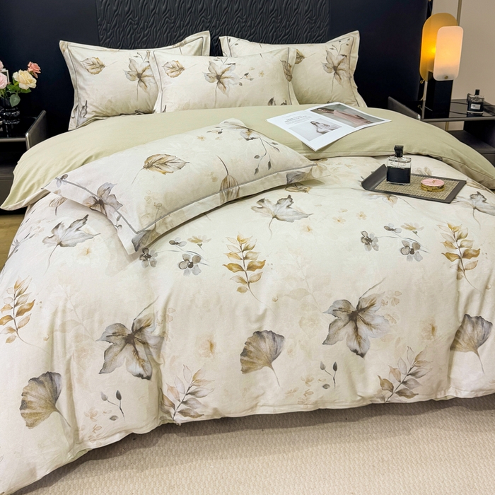 91家纺网 家纺一手货源 找家纺 凌鼎 2025新款100%全棉生态磨毛四件套系列1杉叶咖