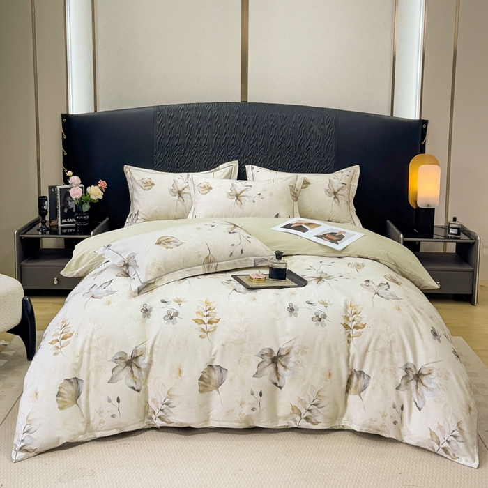 91家纺网 家纺一手货源 找家纺 凌鼎 2025新款100%全棉生态磨毛四件套系列1杉叶咖