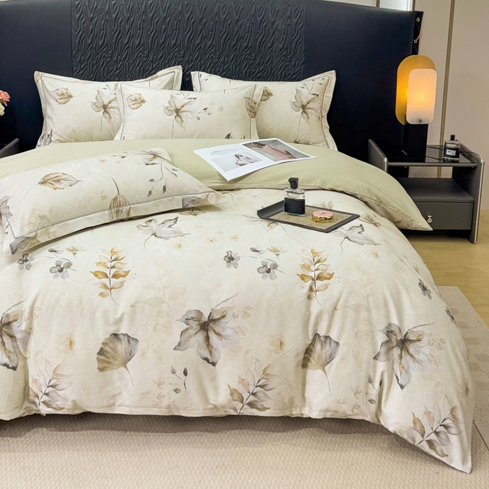 91家纺网 家纺一手货源 找家纺 凌鼎 2025新款100%全棉生态磨毛四件套系列1杉叶咖