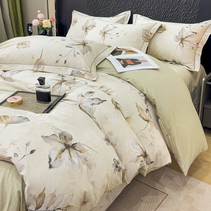 91家纺网 家纺一手货源 找家纺 凌鼎 2025新款100%全棉生态磨毛四件套系列1杉叶咖