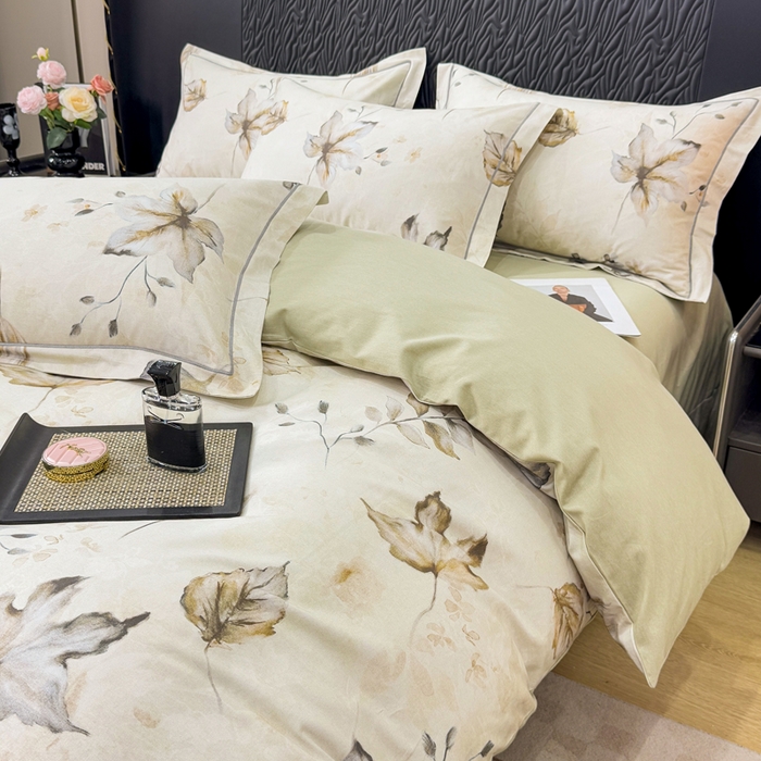 91家纺网 家纺一手货源 找家纺 凌鼎 2025新款100%全棉生态磨毛四件套系列1杉叶咖