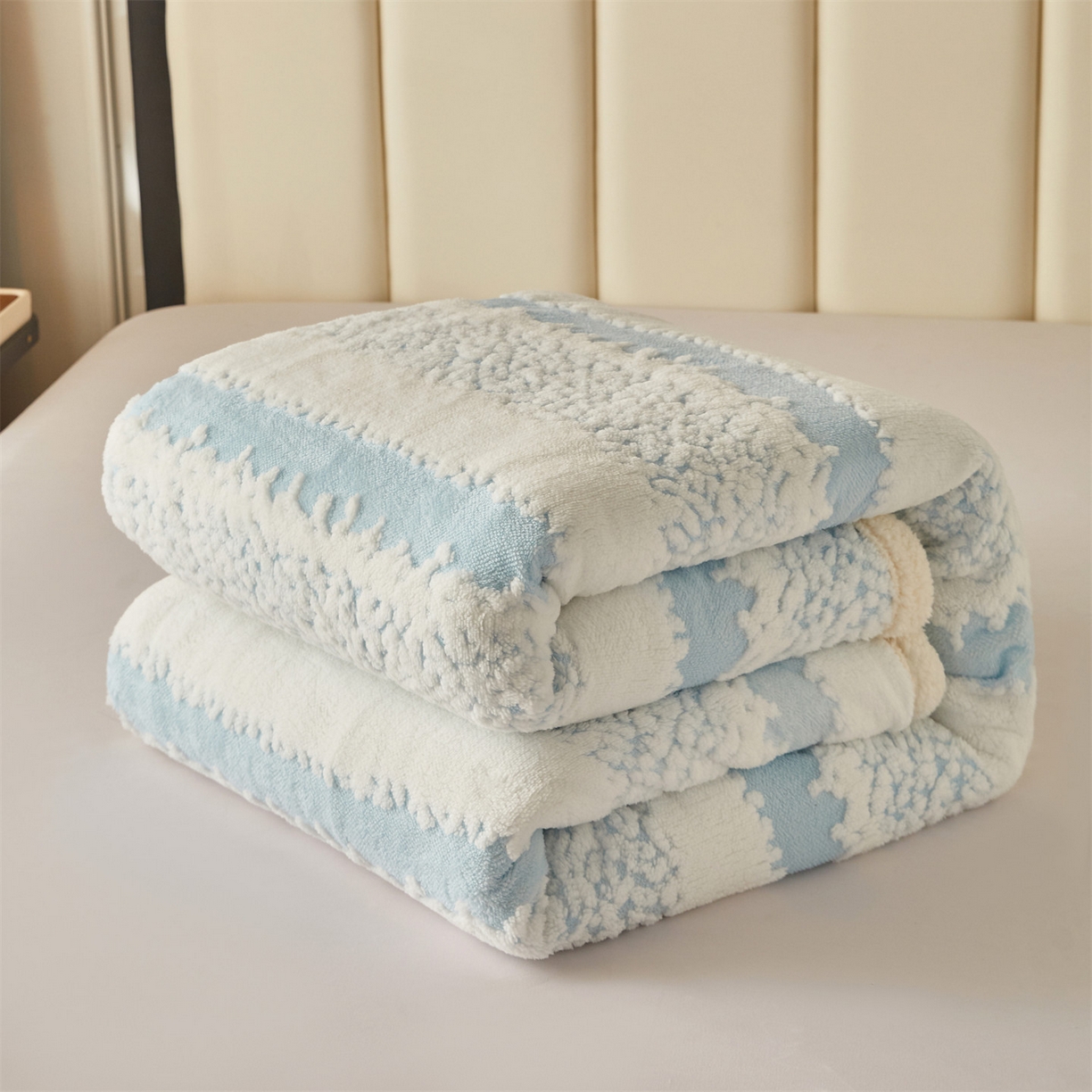 91家纺网 家纺一手货源 找家纺 莱家富 2026新款双层加厚阳离子提花毛毯羊羔绒毛毯盖毯办公室午休毯 浔彩-天蓝