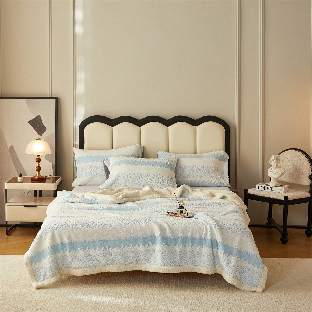 91家纺网 家纺一手货源 找家纺 莱家富 2026新款双层加厚阳离子提花毛毯羊羔绒毛毯盖毯办公室午休毯 浔彩-天蓝