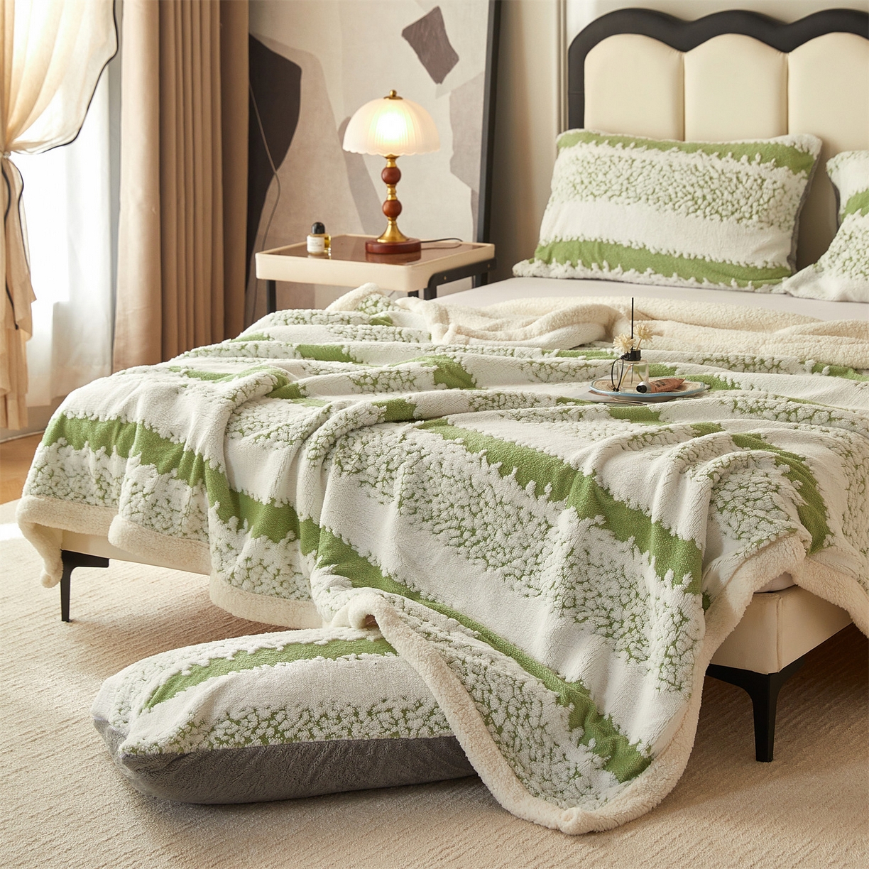 91家纺网 家纺一手货源 找家纺 莱家富 2026新款双层加厚阳离子提花毛毯羊羔绒毛毯盖毯办公室午休毯 浔彩-果绿