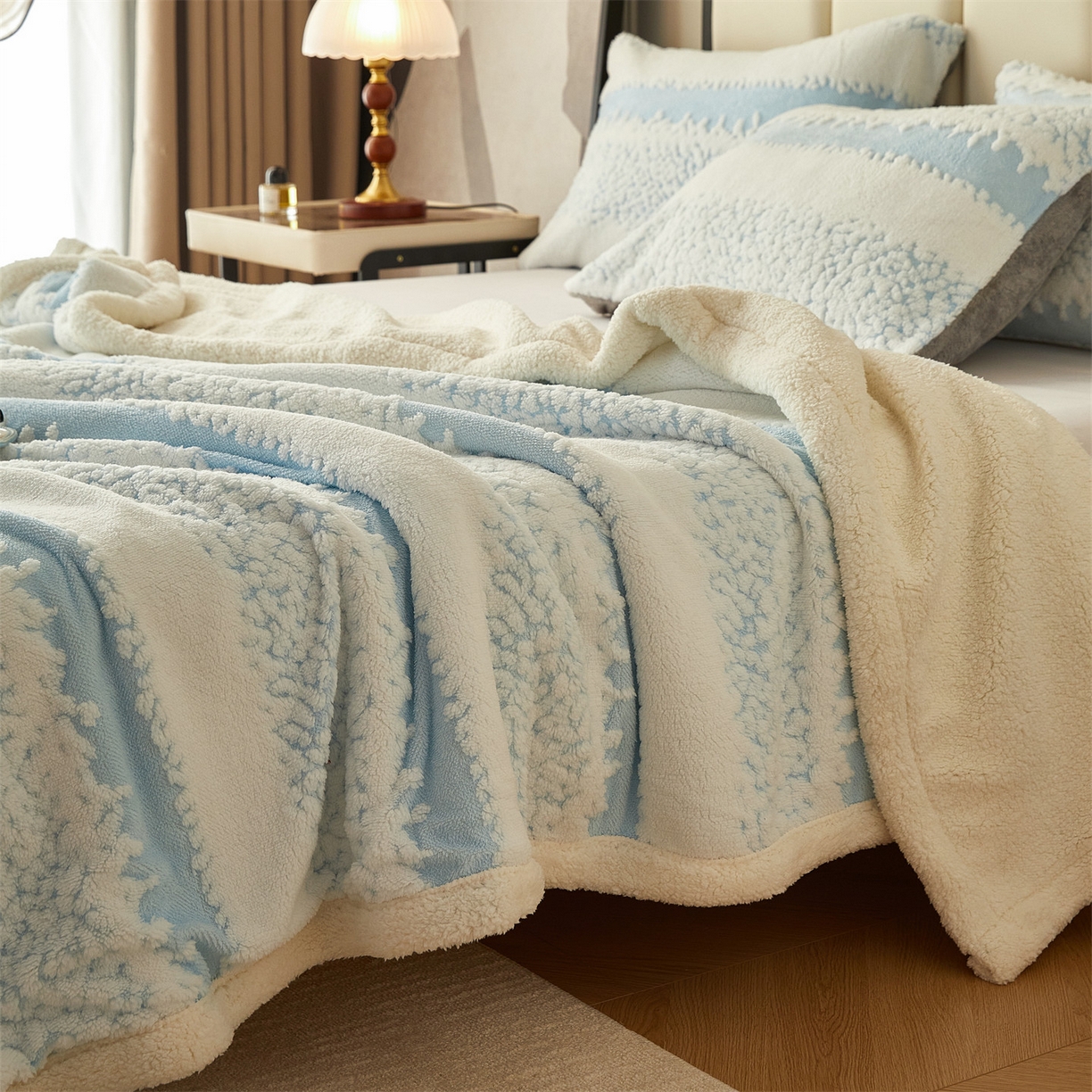 91家纺网 家纺一手货源 找家纺 莱家富 2026新款双层加厚阳离子提花毛毯羊羔绒毛毯盖毯办公室午休毯 浔彩-天蓝