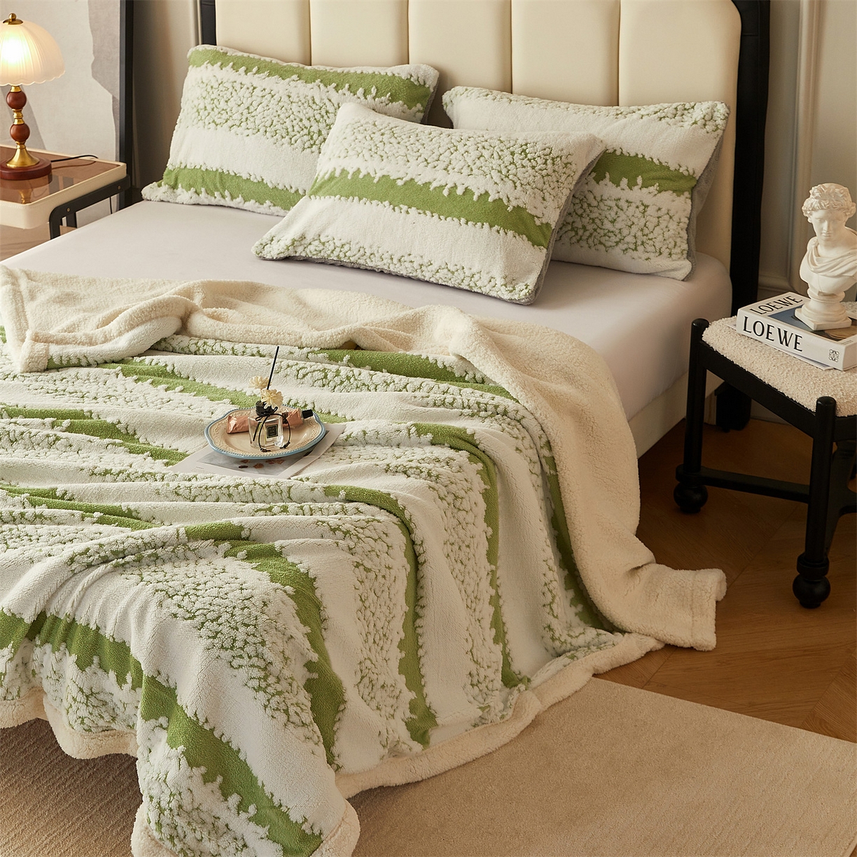 91家纺网 家纺一手货源 找家纺 莱家富 2026新款双层加厚阳离子提花毛毯羊羔绒毛毯盖毯办公室午休毯 浔彩-果绿