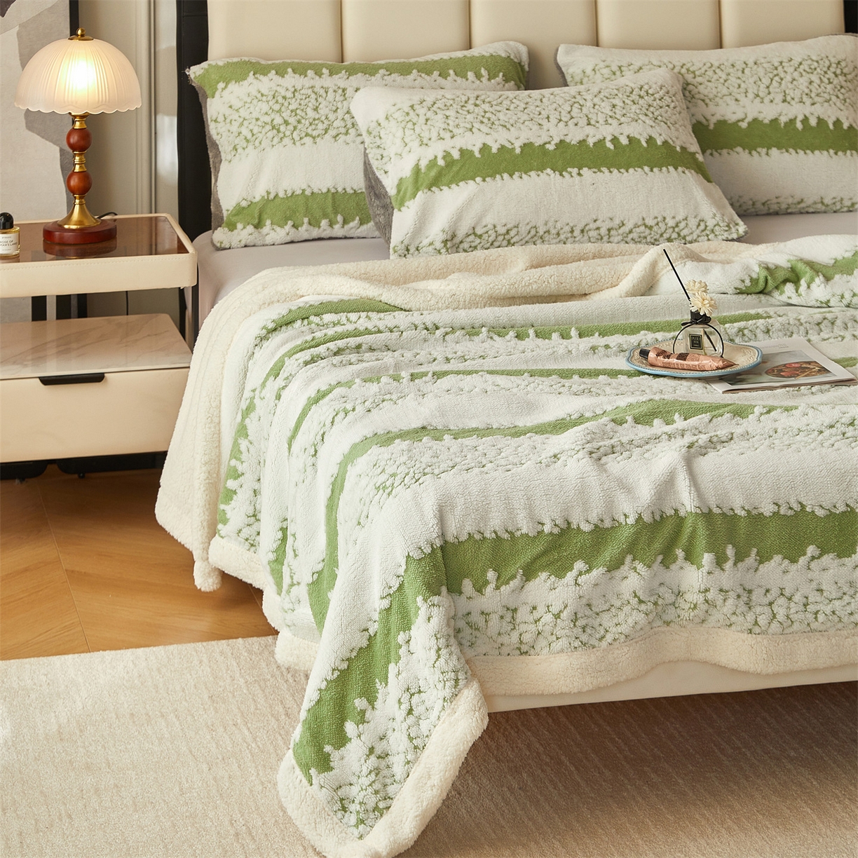 91家纺网 家纺一手货源 找家纺 莱家富 2026新款双层加厚阳离子提花毛毯羊羔绒毛毯盖毯办公室午休毯 浔彩-果绿