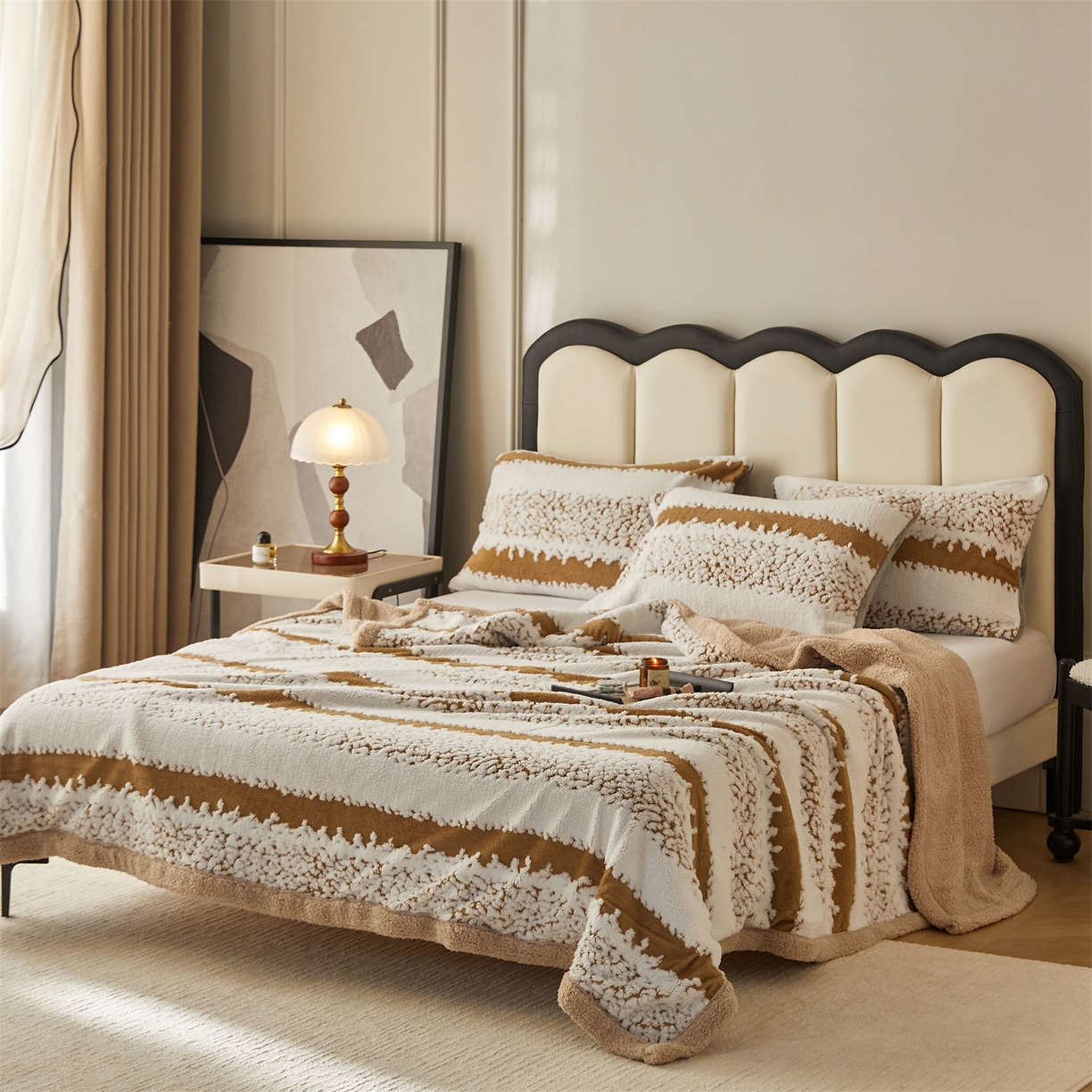 91家纺网 家纺一手货源 找家纺 莱家富 2026新款双层加厚阳离子提花毛毯羊羔绒毛毯盖毯办公室午休毯 浔彩-驼色